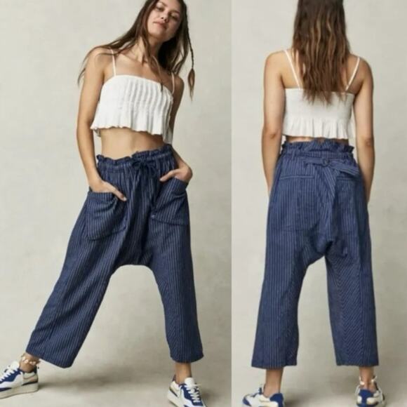 Free People Runyon Oversized Stripe Pants Mustard Medium Harem Bohemian NEW - Picture 9 of 12